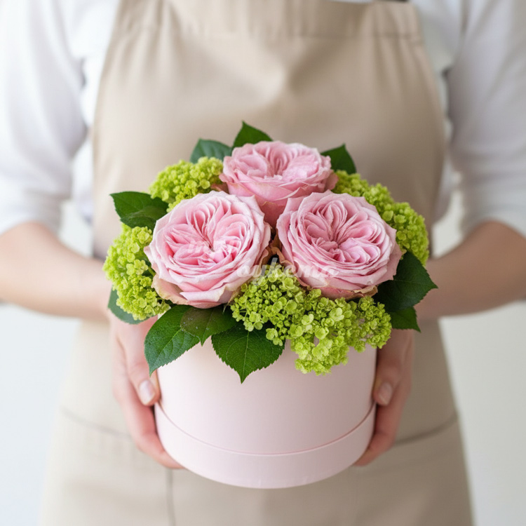 3 пионовидных роз в шляпной коробке