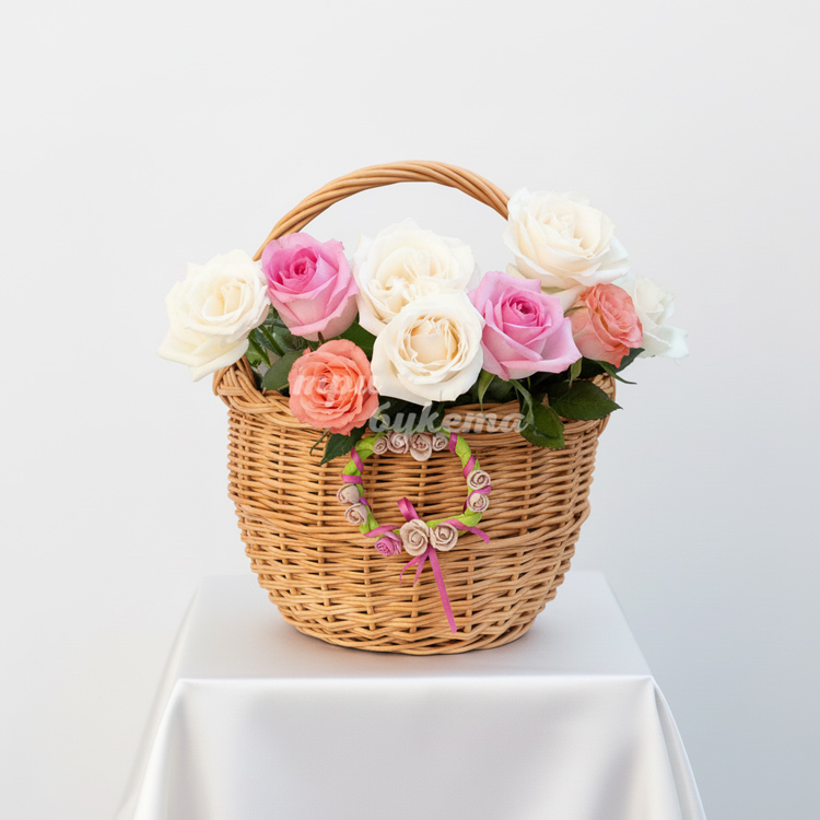 9 разноцветных роз в корзине