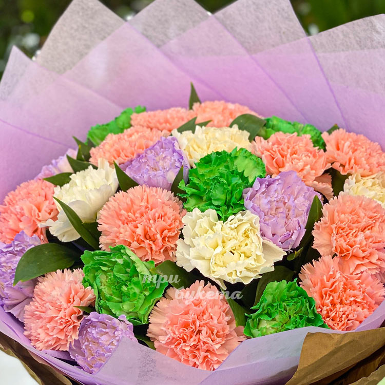 Букет из 25 разноцветных гвоздик (крупный план)